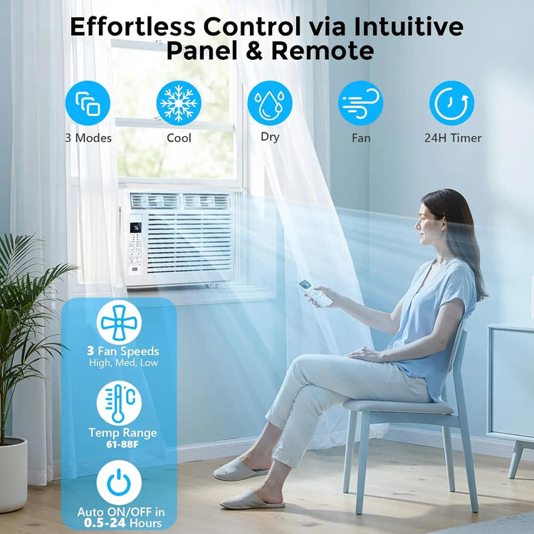 6,000 BTU Window Air Conditioner Cools 250sq.ft, Quiet AC Unit with Remote - ElectronAge