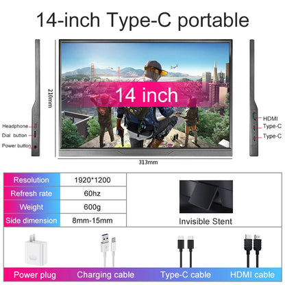14inch Portable Monitor Touch Ultra-thin 1200P IPS USB-C HDMI External Second Screen for Laptop PC Cell Phone Switch PS4/5 Xbox - ElectronAge