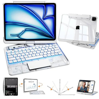 Transparent Keyboard Case for iPad Pro 11 Inch M5 2025/M4 2024 with Multi-Touch Trackpad 360 Rotating Stand 7-Color 3-Level Bac