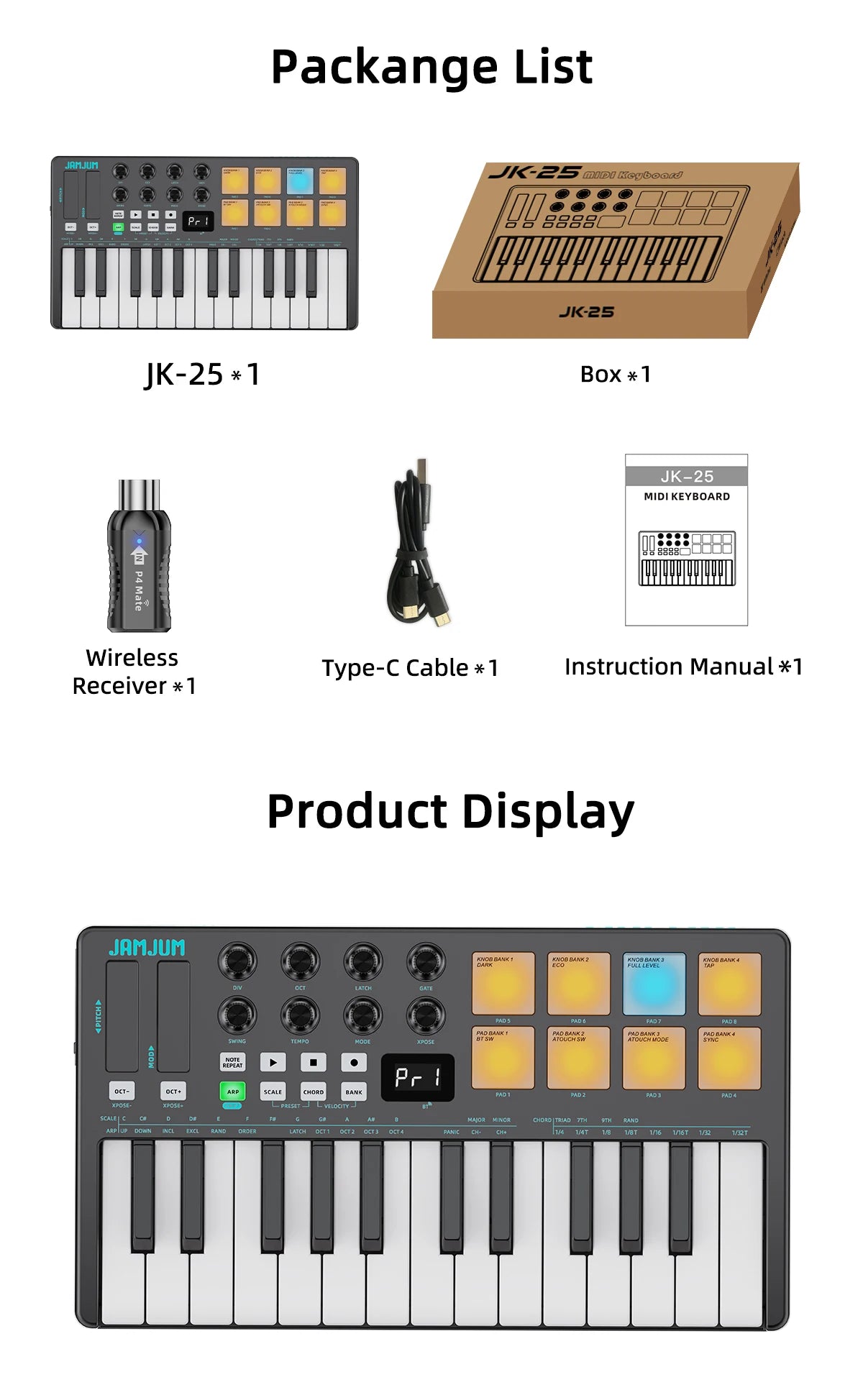 JAMJUM Midi Keyboard 25-Key with Drum Pad/Knob - ElectronAge