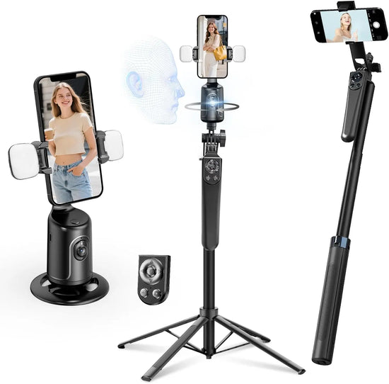 Auto Face Tracking Selfie Stick Tripod with Light, 360° Rotation for iPhone, Remote Control for Vlog Live Stream