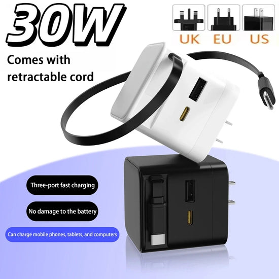 30W Telescopic Charging Head Type-C USB Fast Charging with Retractable Type C Cords For iPhone Samsung Xiaomi Expansion Socket