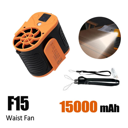 30000mAh Portable Waist Fan Strong Daul Airflow 7Speeds 11000RPM Rechargeable Clip on Fan for Outdoor Camping Fishing Max 32H